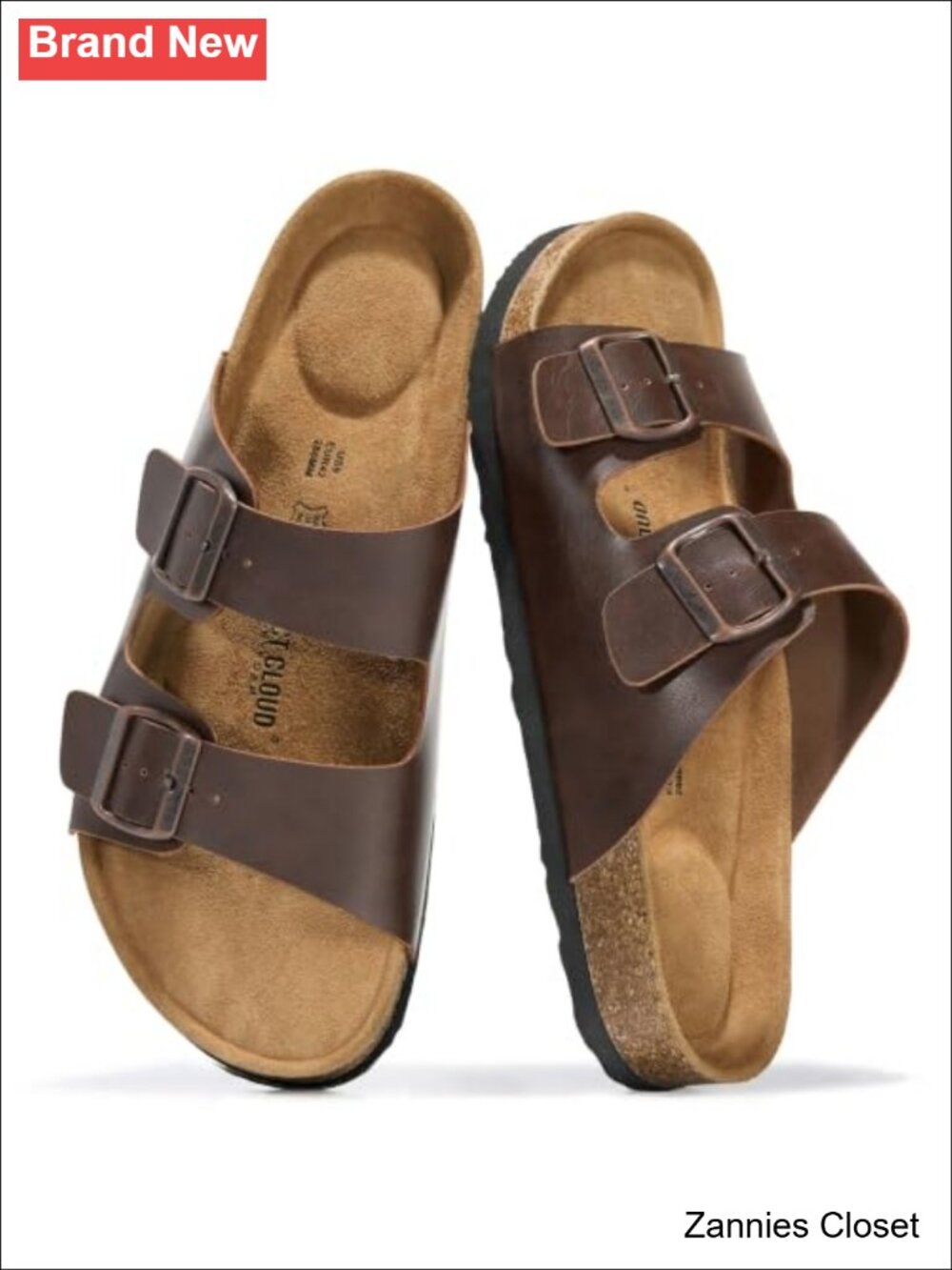 ✨ Mens Genuine Leather Slides Sandals Cork Footbed Double Strap Memory Foam